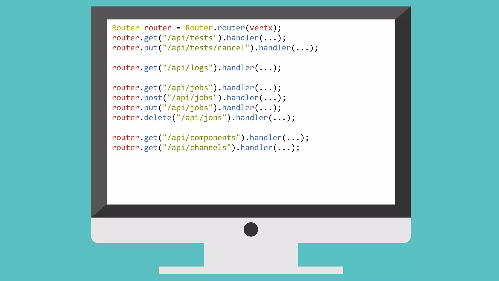 Router router = Router.router(vertx);
router.get("/api/tests").handler(...);
router.put("/api/tests/cancel").handler(...);
router.get("/api/logs").handler(...);
router.get("/api/jobs").handler(...);
router.post("/api/jobs").handler(...);
router.put("/api/jobs").handler(...);
router.delete("/api/jobs").handler(...);
router.get("/api/components").handler(...);
router.get("/api/channels").handler(...);
 