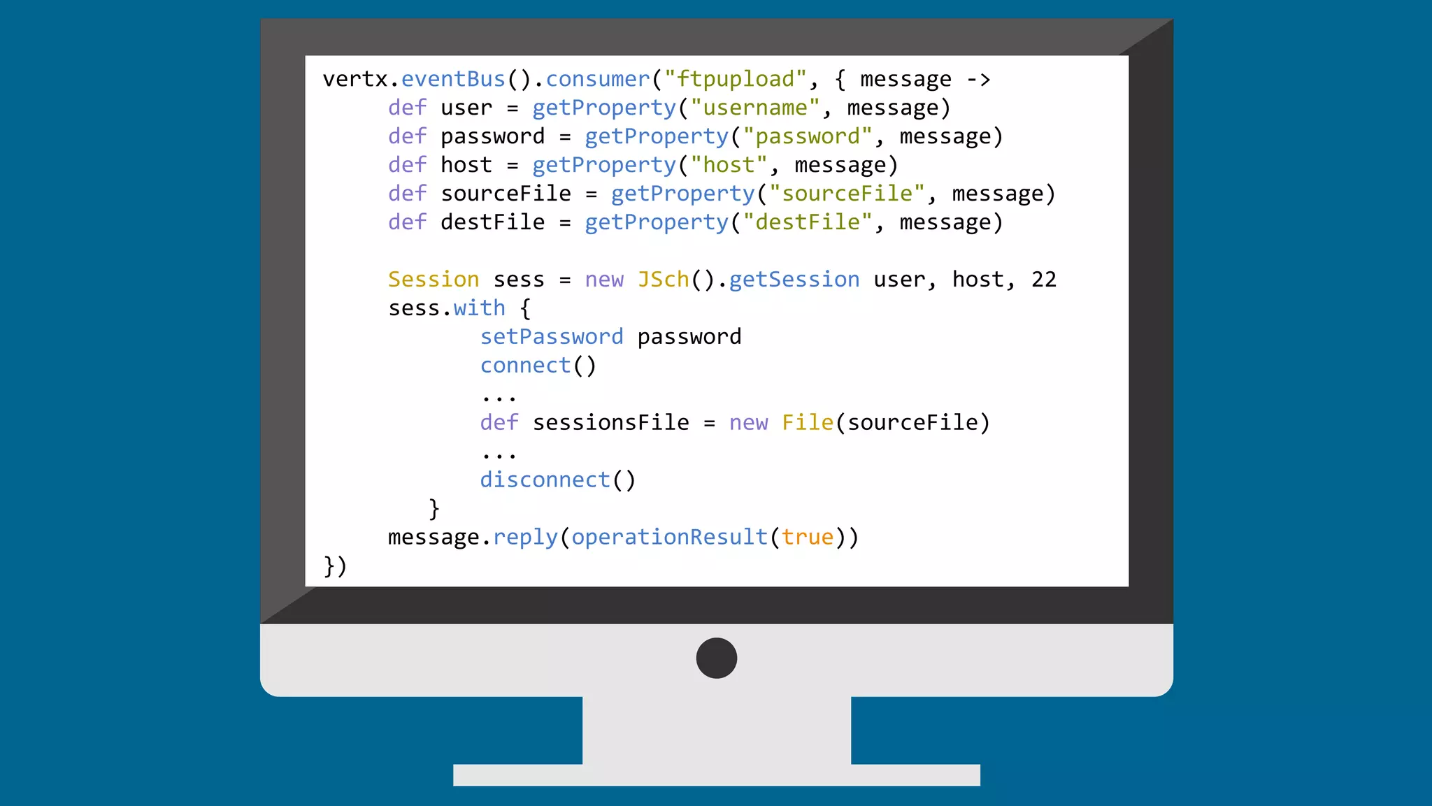 vertx.eventBus().consumer("ftpupload", { message ->
def user = getProperty("username", message)
def password = getProperty("password", message)
def host = getProperty("host", message)
def sourceFile = getProperty("sourceFile", message)
def destFile = getProperty("destFile", message)
Session sess = new JSch().getSession user, host, 22
sess.with {
setPassword password
connect()
...
def sessionsFile = new File(sourceFile)
...
disconnect()
}
message.reply(operationResult(true))
})
 