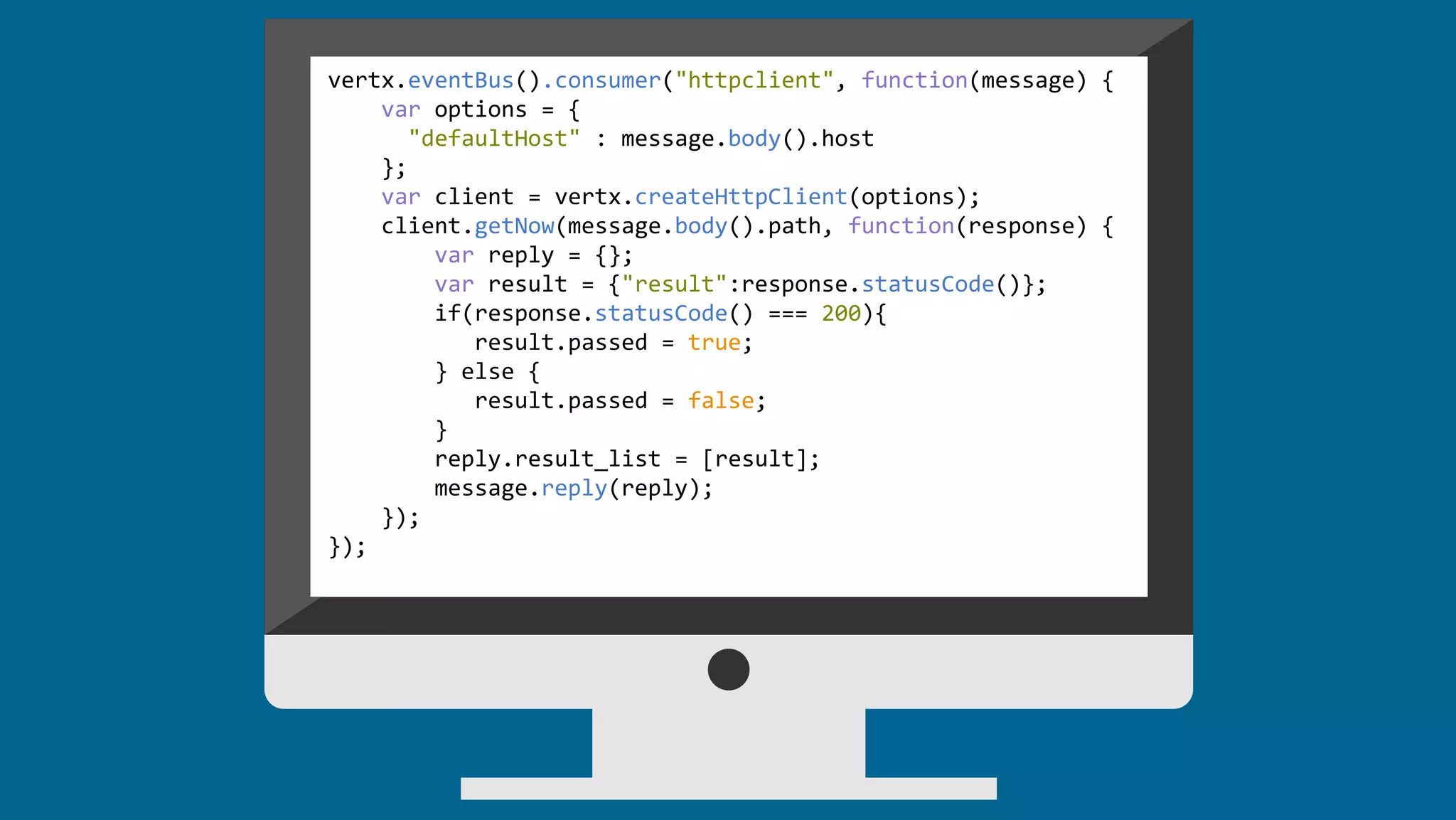 vertx.eventBus().consumer("httpclient", function(message) {
var options = {
"defaultHost" : message.body().host
};
var client = vertx.createHttpClient(options);
client.getNow(message.body().path, function(response) {
var reply = {};
var result = {"result":response.statusCode()};
if(response.statusCode() === 200){
result.passed = true;
} else {
result.passed = false;
}
reply.result_list = [result];
message.reply(reply);
});
});
 