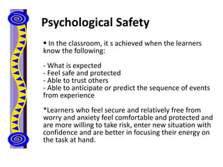 Psychological Safety
 In the classroom, it s achieved when the learners
know the following:
- What is expected
- Feel safe and protected
- Able to trust others
- Able to anticipate or predict the sequence of events
from experience
*Learners who feel secure and relatively free from
worry and anxiety feel comfortable and protected and
are more willing to take risk, enter new situation with
confidence and are better in focusing their energy on
the task at hand.
 