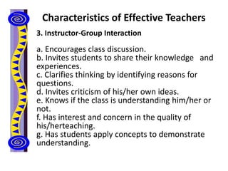 Characteristics of Effective Teachers
3. Instructor-Group Interaction
a. Encourages class discussion.
b. Invites students to share their knowledge and
experiences.
c. Clarifies thinking by identifying reasons for
questions.
d. Invites criticism of his/her own ideas.
e. Knows if the class is understanding him/her or
not.
f. Has interest and concern in the quality of
his/herteaching.
g. Has students apply concepts to demonstrate
understanding.
 