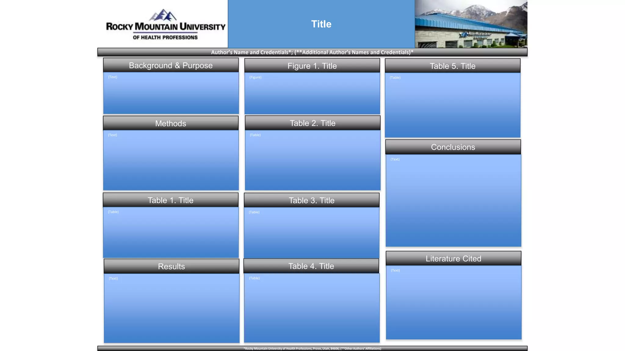 *Rocky Mountain University of Health Professions, Provo, Utah, 84606; (**OtherAuthors’Affiliations)
Author’s Name and Credentials*; (**Additional Author’s Names and Credentials)*
Title
Background & Purpose
Methods
Table 1. Title
Results
(Text)
(Text)
(Table)
(Text)
Figure 1. Title
Table 2. Title
Table 3. Title
Table 4. Title
Table 5. Title
Conclusions
Literature Cited
(Figure)
(Table)
(Table)
(Table)
(Table)
(Text)
(Text)
 