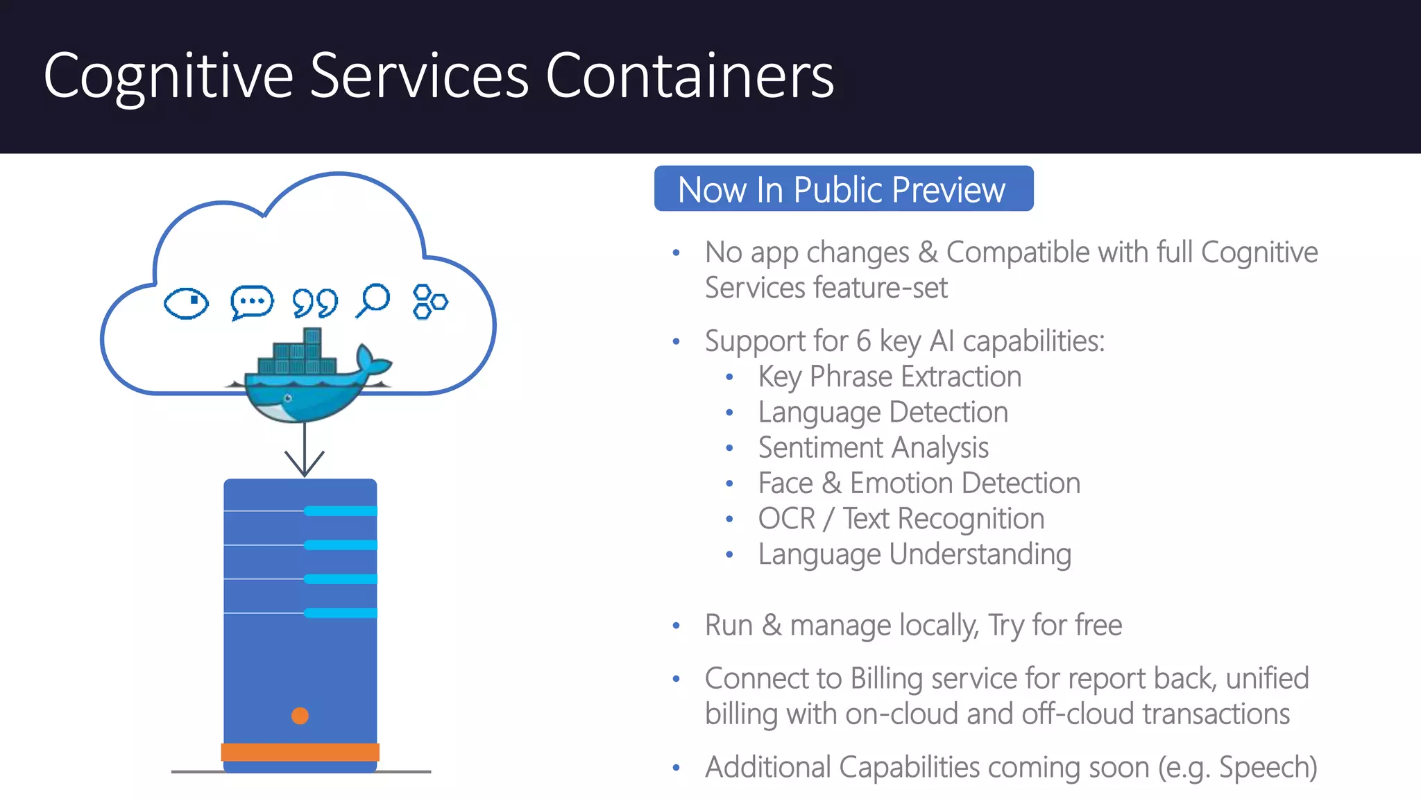 • No app changes & Compatible with full Cognitive
Services feature-set
• Support for 6 key AI capabilities:
• Key Phrase Extraction
• Language Detection
• Sentiment Analysis
• Face & Emotion Detection
• OCR / Text Recognition
• Language Understanding
• Run & manage locally, Try for free
• Connect to Billing service for report back, unified
billing with on-cloud and off-cloud transactions
• Additional Capabilities coming soon (e.g. Speech)
Now In Public Preview
 