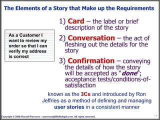 As a Customer I
      want to review my
      order so that I can
      verify my address
      is correct




Copyright © 2008 Russell Pannone – rpannone@WeBeAgile.com. All rights reserved.   11
 