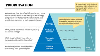 PRIORITISATION
Strategy
Products &
Services
Themes &
Epics
Stories &
Features
Value x Risk = Priority
Value / Effort = Priority
Value / Effort = Priority
Existential
risk
Effort
required
Maintaining a clear line of sight from the story being
worked on in a team, all the way up to the strategy
is important but there are different elements that
provide that alignment at each stage of the way.
At higher levels, in the business
the biggest risk is relevance, not
complexity of the solution or
effort required.
(Basic) equation used to prioritise.
(create your own using WSJF with
these considerations in mind).
Which products are the most valuable in pursuit of
our business strategy?
Which story provides the most value to
the key stakeholders within this product?
Which feature provides the best experience
to the primary users of this interface?
 