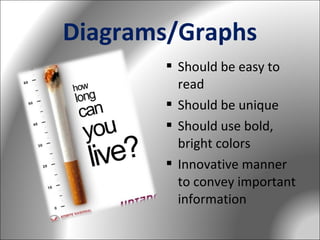 Diagrams/Graphs
 Should be easy to
read
 Should be unique
 Should use bold,
bright colors
 Innovative manner
to convey important
information

 