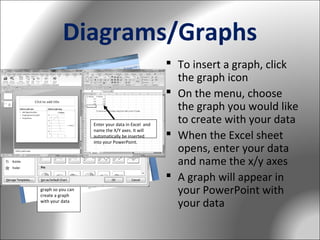 Diagrams/Graphs

Enter your data in Excel and
name the X/Y axes. It will
automatically be inserted
into your PowerPoint.

Click this bar
graph so you can
create a graph
with your data

 To insert a graph, click
the graph icon
 On the menu, choose
the graph you would like
to create with your data
 When the Excel sheet
opens, enter your data
and name the x/y axes
 A graph will appear in
your PowerPoint with
your data

 