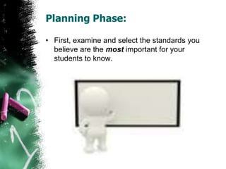 Planning Phase:
• First, examine and select the standards you
believe are the most important for your
students to know.
 