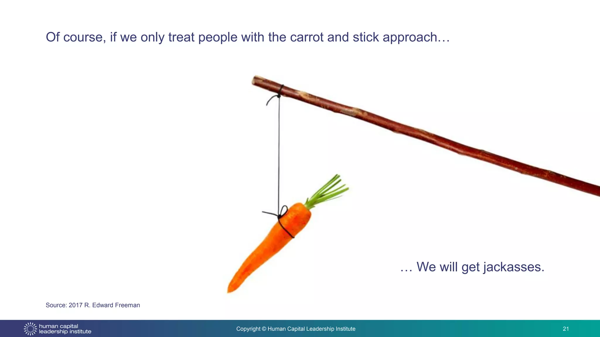 Copyright © Human Capital Leadership Institute
Of course, if we only treat people with the carrot and stick approach…
… We will get jackasses.
21
Source: 2017 R. Edward Freeman
 