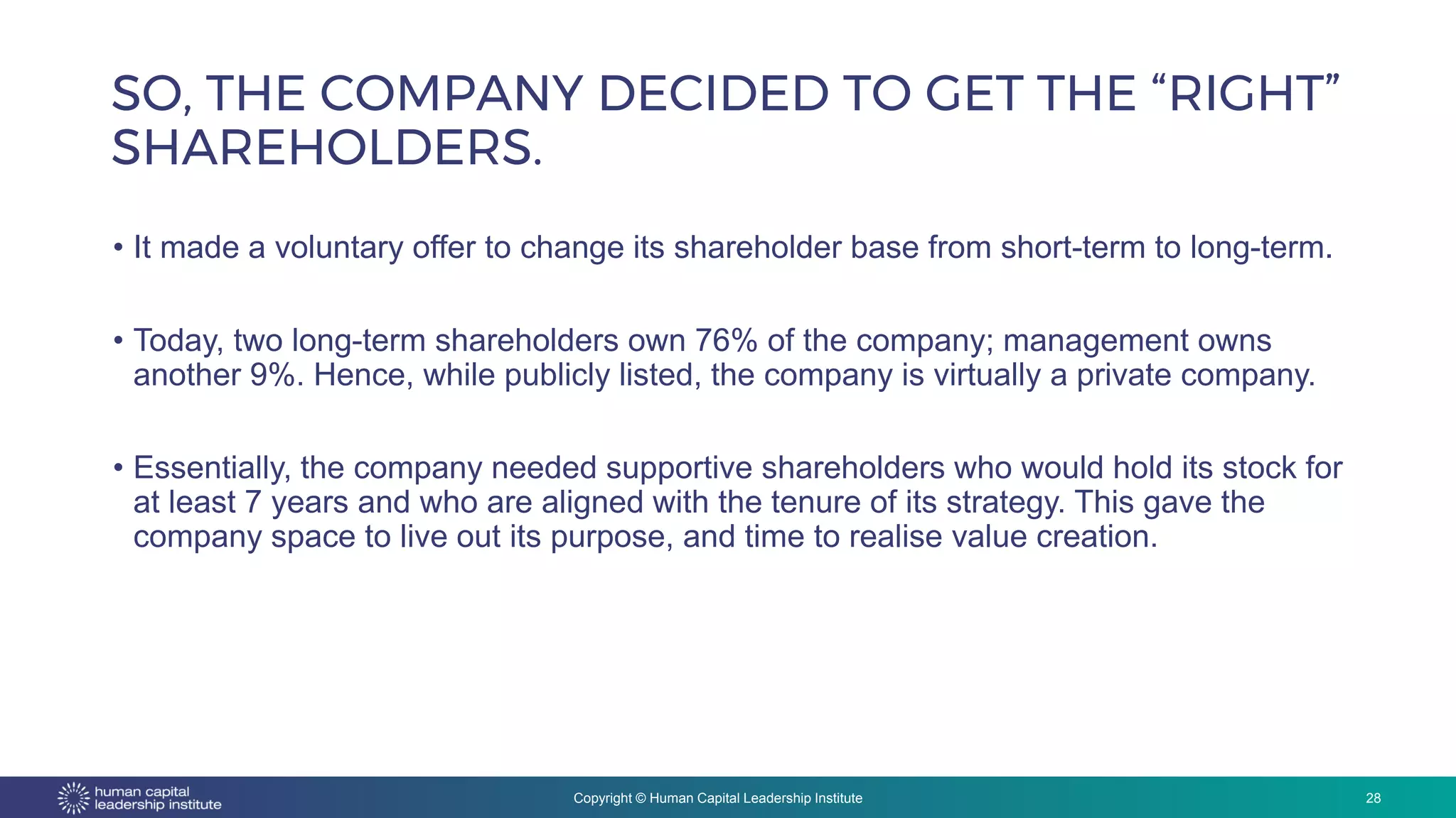 Copyright © Human Capital Leadership Institute
SO, THE COMPANY DECIDED TO GET THE “RIGHT”
SHAREHOLDERS.
28
• It made a voluntary offer to change its shareholder base from short-term to long-term.
• Today, two long-term shareholders own 76% of the company; management owns
another 9%. Hence, while publicly listed, the company is virtually a private company.
• Essentially, the company needed supportive shareholders who would hold its stock for
at least 7 years and who are aligned with the tenure of its strategy. This gave the
company space to live out its purpose, and time to realise value creation.
 