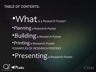 •Whatis a Research Poster?
•Planninga Research Poster
•Buildinga Research Poster
•Printinga Research Poster
•EXAMPLES OF RESEARCH POSTERS
•Presentinga Research Poster
 