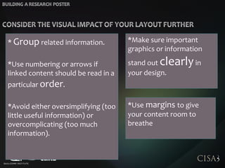* Group related information.
*Use numbering or arrows if
linked content should be read in a
particular order.
*Avoid either oversimplifying (too
little useful information) or
overcomplicating (too much
information).
*Make sure important
graphics or information
stand out clearlyin
your design.
*Use margins to give
your content room to
breathe
 