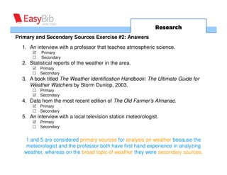 Research
Primary and Secondary Sources Exercise #2: Answers
  1. An interview with a professor that teaches atmospheric science.
          Primary
          Secondary
  2. Statistical reports of the weather in the area.
          Primary
          Secondary
  3. A book titled The Weather Identification Handbook: The Ultimate Guide for
     Weather Watchers by Storm Dunlop, 2003.
          Primary
          Secondary
  4. Data from the most recent edition of The Old Farmer’s Almanac.
          Primary
          Secondary
  5. An interview with a local television station meteorologist.
          Primary
          Secondary


    1 and 5 are considered primary sources for analysis on weather because the
    meteorologist and the professor both have first hand experience in analyzing
   weather, whereas on the broad topic of weather they were secondary sources.
 