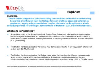 Plagiarism
Quotation:
"Empire State College has a policy describing the conditions under which students may
   be warned or withdrawn from the College for such unethical academic behavior as
   plagiarism, forgery, misrepresentation, or other dishonest or deceptive acts which
constitute grounds for warning or administrative withdrawal" (CDL Student Handbook 5).

Which one is Plagiarized?
a.    According to policy in the Student Handbook, Empire State College may take punitive action (including
      dismissal) against students who act fraudulently. Fraudulent action includes using the words or ideas of
      others without proper attribution, falsifying documents, or depicting the words of others as one's own (1992,
      p. 5). [APA format]


b.    The Student Handbook states that the College may dismiss students who in any way present others' work
      as their own (5). [MLA format]


c.    The Student Handbook states that the College has a policy that describes the different instances under
      which students may be withdrawn from the College. These instances include plagiarism, forgery,
      misrepresentation, and other instances that show dishonest or deceptive practice (1992, p. 5). [APA format]


Source: http://www.esc.edu/esconline/across_esc/writerscomplex.nsf/3cc42a422514347a8525671d0049f395/5021a633f150ba73852569d9004bb906?OpenDocument
 