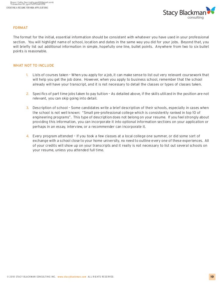 creating a resume for mba applications
