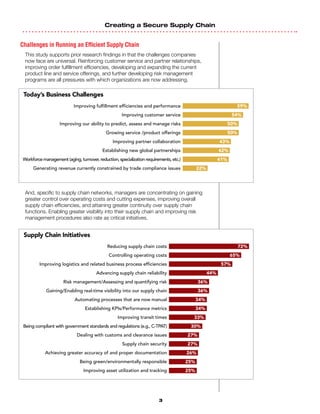 Creating a Secure Supply Chain
3
Challenges in Running an Efficient Supply Chain
This study supports prior research findings in that the challenges companies
now face are universal. Reinforcing customer service and partner relationships,
improving order fulfillment efficiencies, developing and expanding the current
product line and service offerings, and further developing risk management
programs are all pressures with which organizations are now addressing.
And, specific to supply chain networks, managers are concentrating on gaining
greater control over operating costs and cutting expenses, improving overall
supply chain efficiencies, and attaining greater continuity over supply chain
functions. Enabling greater visibility into their supply chain and improving risk
management procedures also rate as critical initiatives.
Today’s Business Challenges
59%
54%
50%
50%
43%
42%
41%
22%
Improving fulfillment efficiencies and performance
Improving customer service
Improving our ability to predict, assess and manage risks
Growing service /product offerings
Improving partner collaboration
Establishing new global partnerships
Workforce management (aging, turnover, reduction, specialization requirements, etc.)
Generating revenue currently constrained by trade compliance issues
Supply Chain Initiatives
72%
65%
57%
44%
36%
36%
34%
34%
33%
30%
27%
27%
26%
25%
25%
Reducing supply chain costs
Controlling operating costs
Improving logistics and related business process efficiencies
Advancing supply chain reliability
Risk management/Assessing and quantifying risk
Gaining/Enabling real-time visibility into our supply chain
Automating processes that are now manual
Establishing KPIs/Performance metrics
Improving transit times
Being compliant with government standards and regulations (e.g., C-TPAT)
Dealing with customs and clearance issues
Supply chain security
Achieving greater accuracy of and proper documentation
Being green/environmentally responsible
Improving asset utilization and tracking
 