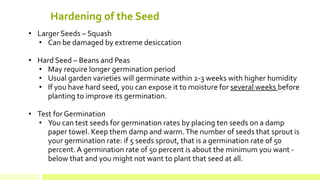 Hardening of the Seed 
• 
Larger Seeds – Squash 
• 
Can be damaged by extreme desiccation 
• 
Hard Seed – Beans and Peas 
• 
May require longer germination period 
• 
Usual garden varieties will germinate within 2-3 weeks with higher humidity 
• 
If you have hard seed, you can expose it to moisture for several weeks before planting to improve its germination. 
• 
Test for Germination 
• 
You can test seeds for germination rates by placing ten seeds on a damp paper towel. Keep them damp and warm. The number of seeds that sprout is your germination rate: if 5 seeds sprout, that is a germination rate of 50 percent. A germination rate of 50 percent is about the minimum you want - below that and you might not want to plant that seed at all.  