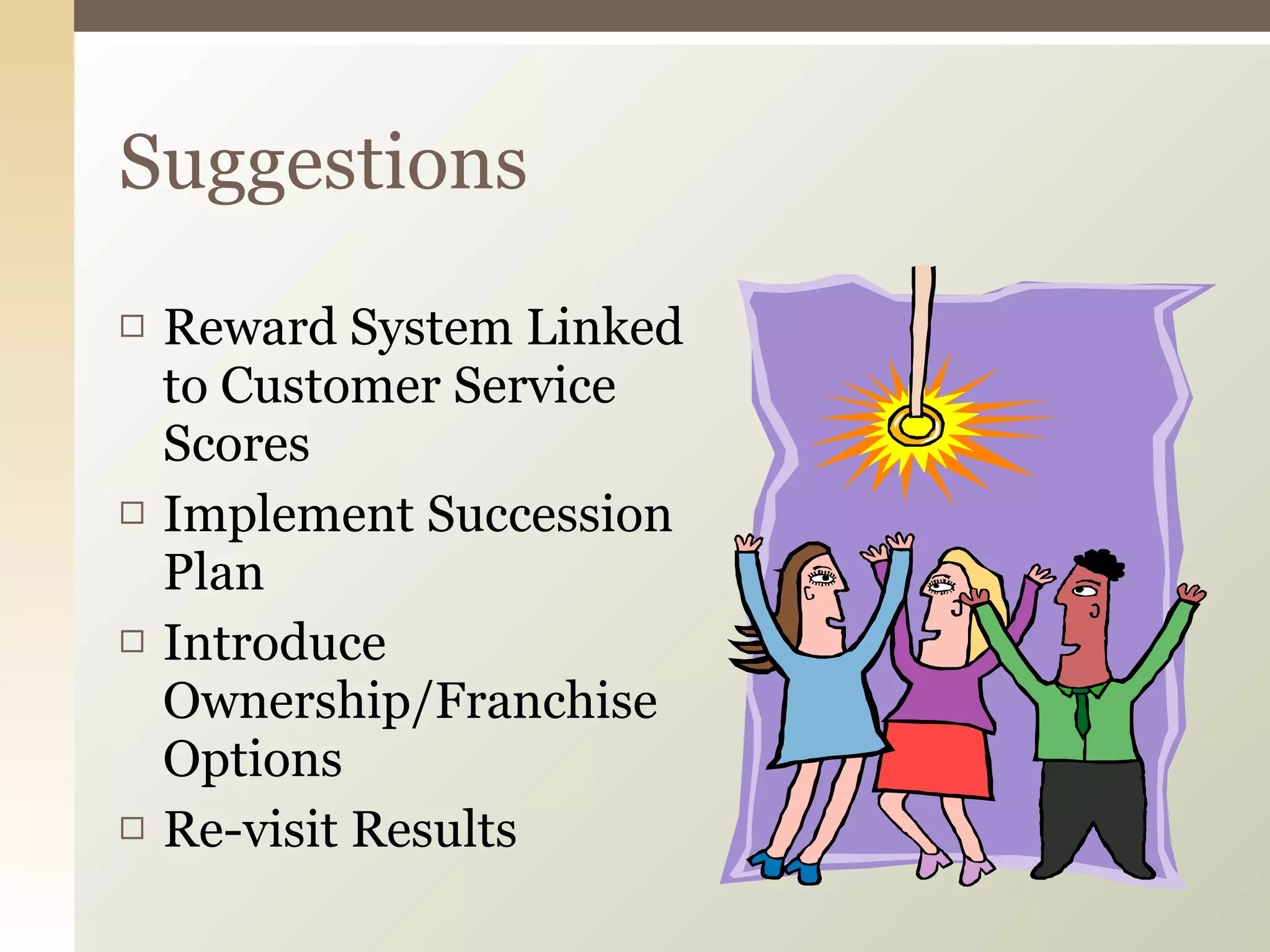 Reward System Linked to Customer Service Scores Implement Succession Plan Introduce Ownership/Franchise Options Re-visit Results Suggestions 