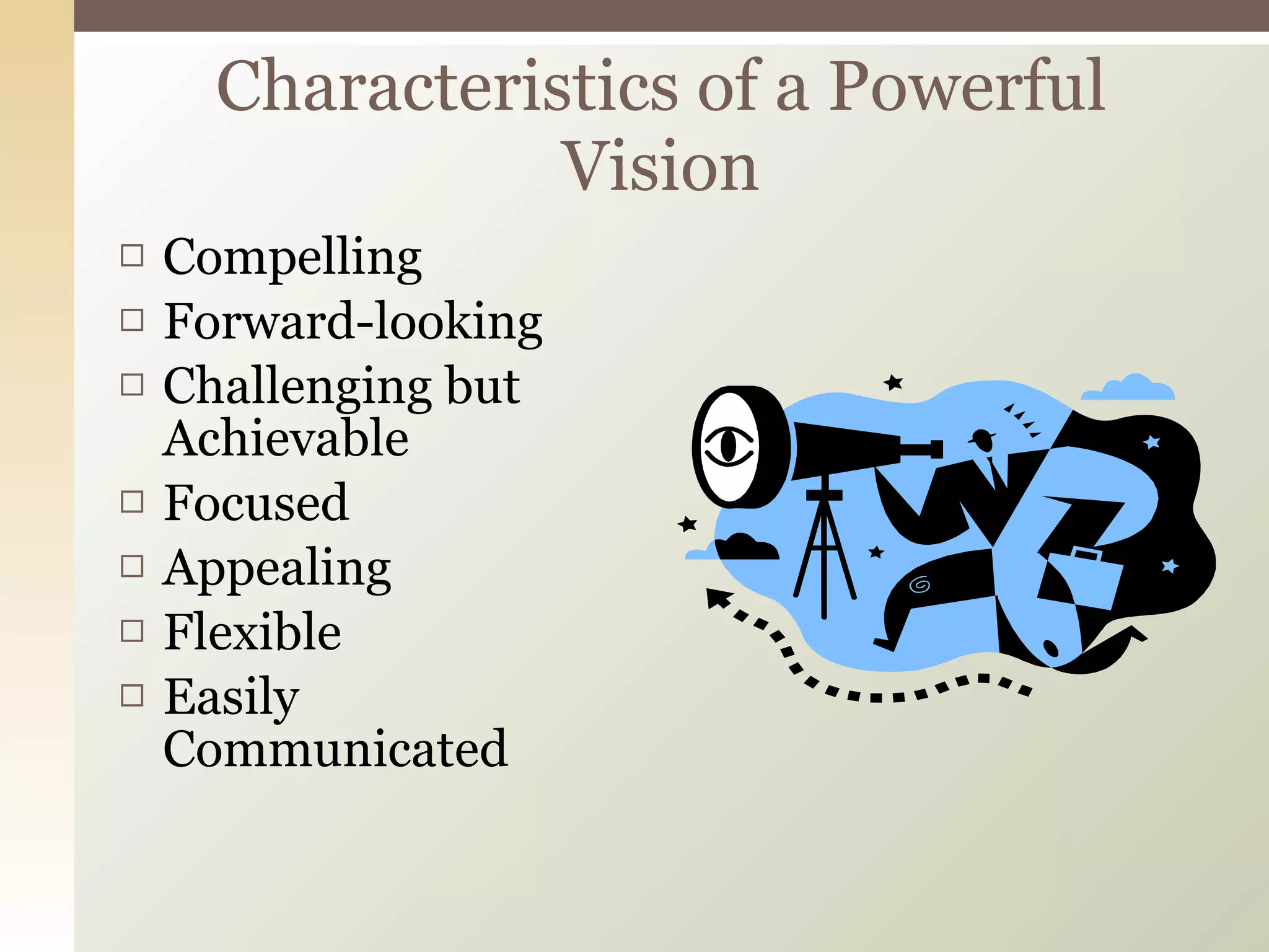 Compelling Forward-looking Challenging but Achievable Focused Appealing Flexible Easily Communicated  Characteristics of a Powerful Vision 