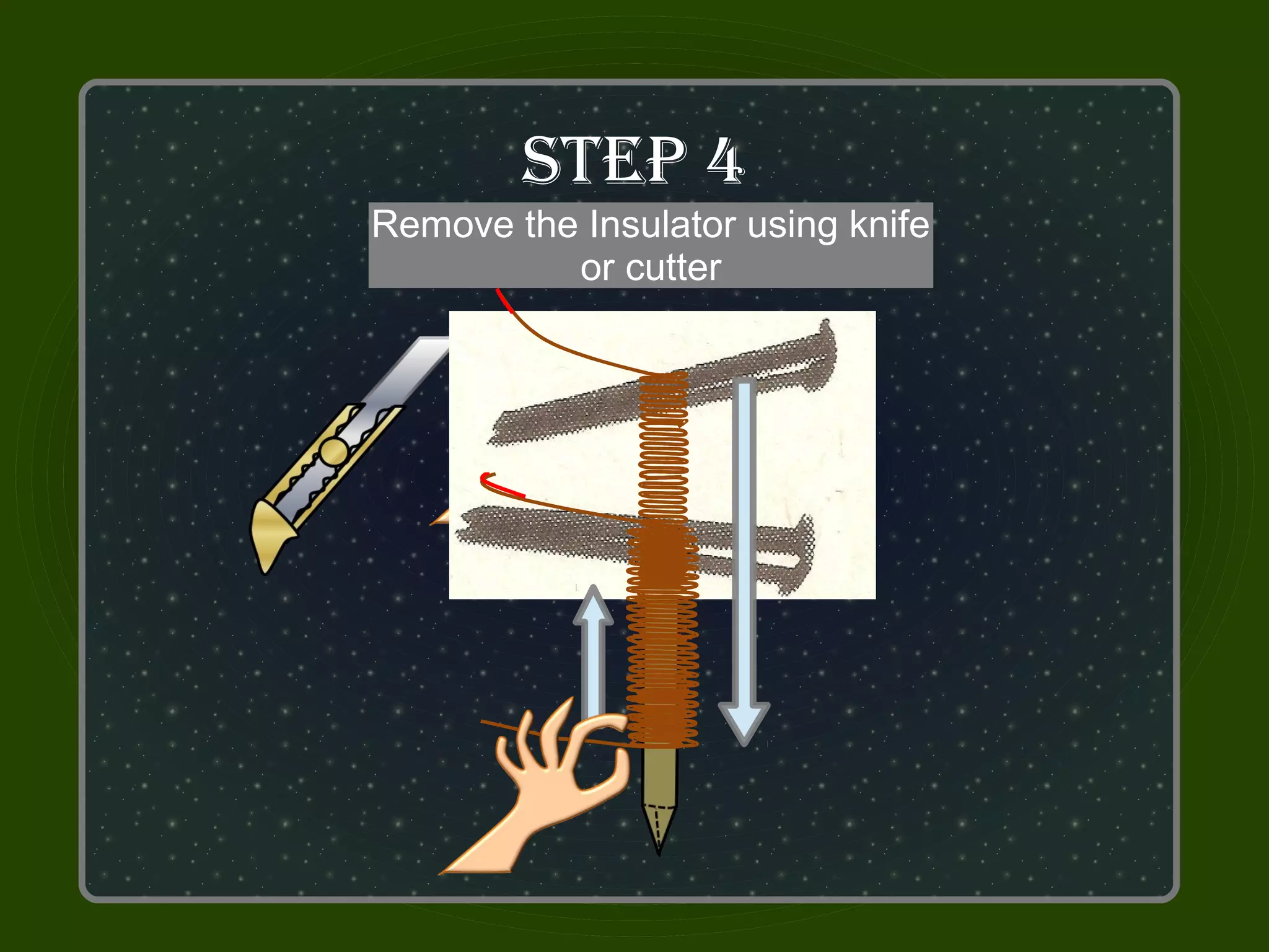 STeP 4
Remove thenail with wire 6 inch
Wrap each Insulator using knife
 Wrap each nail leaving leaving
      Get the two Nails
    going up to the middle
     aboutor inch of wire
            9 cutter
 