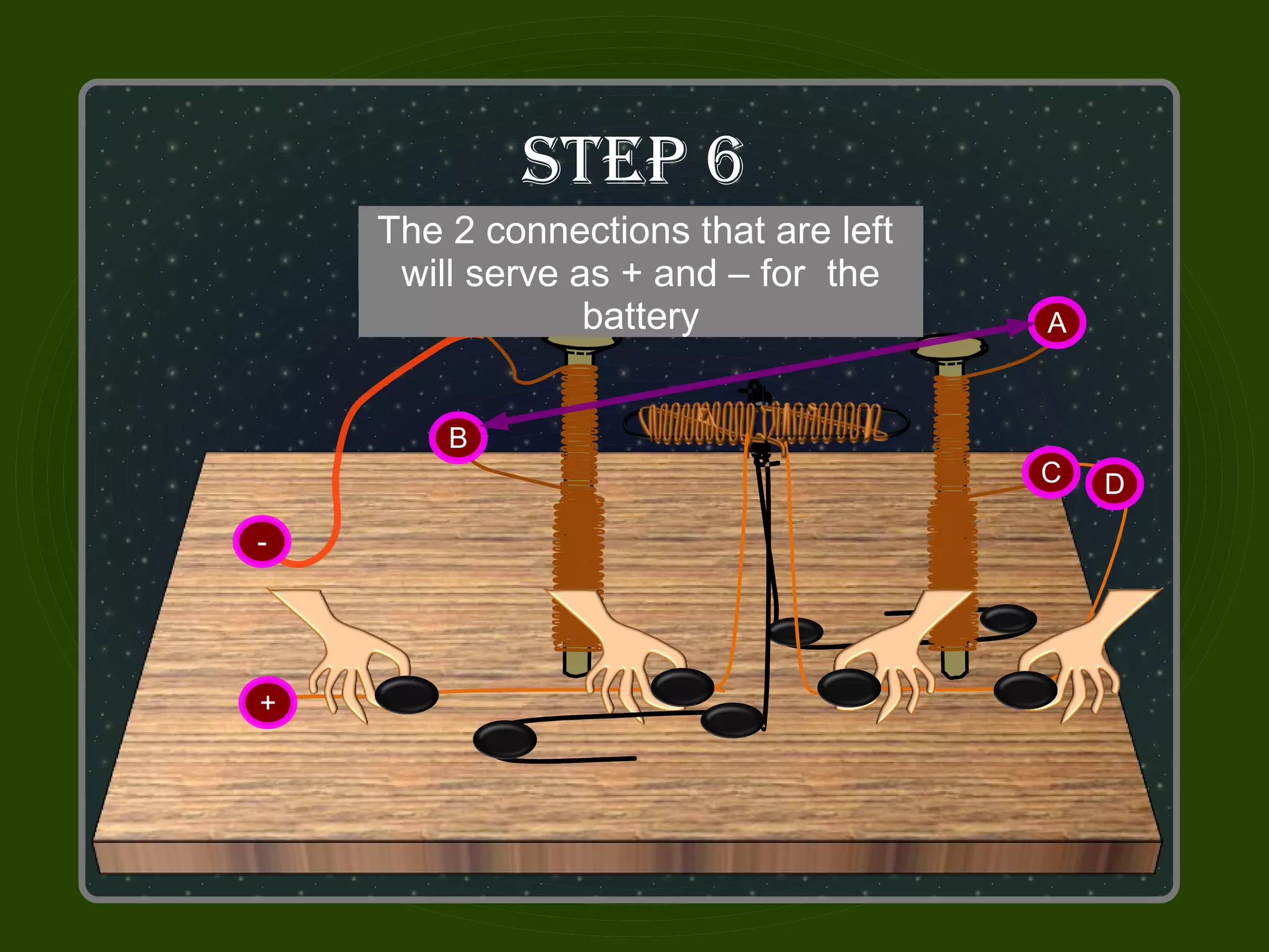 STeP 6
    ThePutConnect tackswill be left
            the wire that are
         2 connectionsandon it
         Put thumb C thatB
            Connect A       D
     will serve as + the rotor clip
      connected to and – for the
                 battery              A



        B
                                      C   D

-




+
 