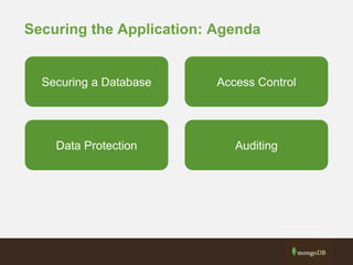 Securing the Application: Agenda
Securing a Database Access Control
Data Protection Auditing
 
