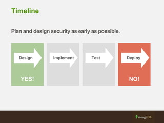 Timeline
Plan and design security as early as possible.
ImplementDesign Test Deploy
YES! NO!
 