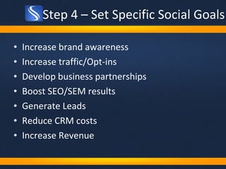 Step 4 – Set Specific Social Goals Increase brand awareness Increase traffic/Opt-ins Develop business partnerships Boost SEO/SEM results Generate Leads Reduce CRM costs Increase Revenue 