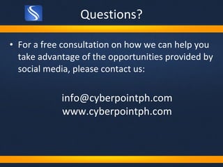 Questions? <ul><li>For a free consultation on how we can help you take advantage of the opportunities provided by social m...
