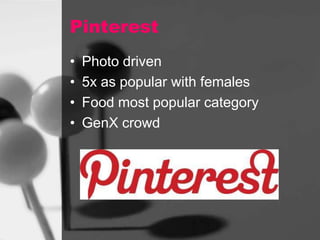 Pinterest
•
•
•
•

Photo driven
5x as popular with females
Food most popular category
GenX crowd

 