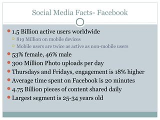 Social Media Facts- Facebook
1.5 Billion active users worldwide
 819 Million on mobile devices
 Mobile users are twice as active as non-mobile users
53% female, 46% male
300 Million Photo uploads per day
Thursdays and Fridays, engagement is 18% higher
Average time spent on Facebook is 20 minutes
4.75 Billion pieces of content shared daily
Largest segment is 25-34 years old
 