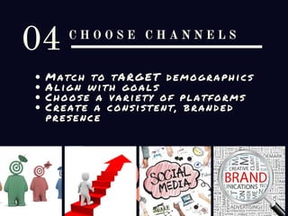 C H O O S E C H A N N E L S
04
Match to tARGET demographics
Align with goals
Choose a variety of platforms
Create a consis...