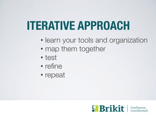 ITERATIVE APPROACH 
• learn your tools and organization 
• map them together 
• test 
• refine 
• repeat 
 