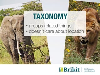 TAXONOMY 
• groups related things 
• doesn’t care about location 
 
