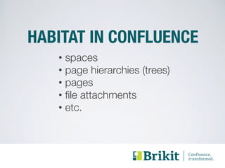 HABITAT IN CONFLUENCE 
• spaces 
• page hierarchies (trees) 
• pages 
• file attachments 
• etc. 
 
