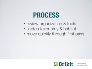 PROCESS 
• review organization & tools 
• sketch taxonomy & habitat 
• move quickly through first pass 
 