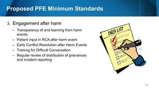 13
3. Engagement after harm
– Transparency of and learning from harm
events
– Patient input in RCA after harm event
– Early Conflict Resolution after Harm Events
– Training for Difficult Conversation
– Regular review of distribution of grievances
and incident reporting
Proposed PFE Minimum Standards
 