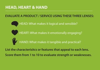 HEAD, HEART & HAND
EVALUATE A PRODUCT / SERVICE USING THESE THREE LENSES:

          HEAD: What makes it logical and sensible?

          HEART: What makes it emotionally engaging?

          HAND: What makes it tangible and practical?

List the characterisitcs or features that appeal to each lens.
Score them from 1 to 10 to evaluate strength or weaknesses.
 