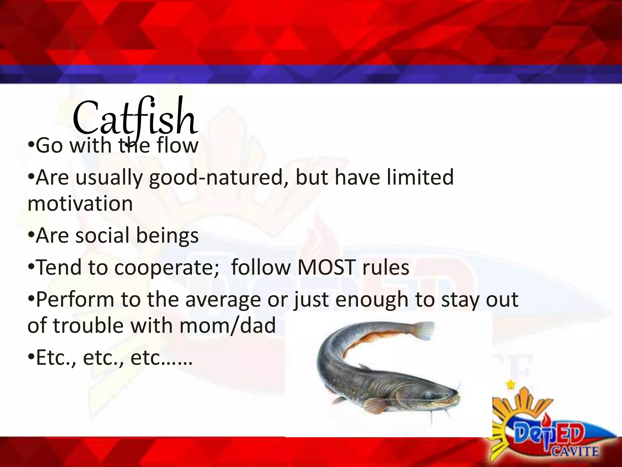 Catfish•Go with the flow
•Are usually good-natured, but have limited
motivation
•Are social beings
•Tend to cooperate; follow MOST rules
•Perform to the average or just enough to stay out
of trouble with mom/dad
•Etc., etc., etc……
 