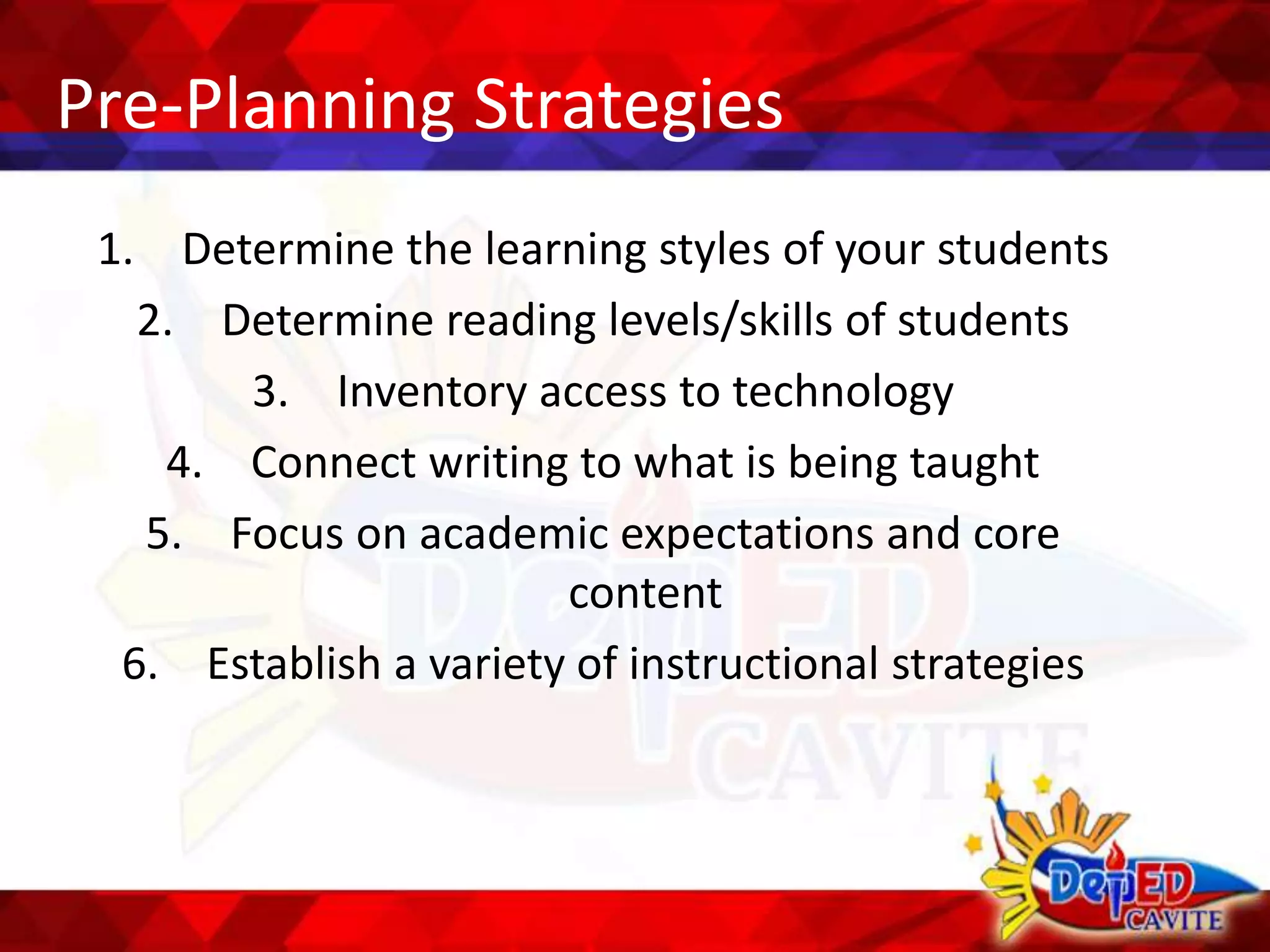 Pre-Planning Strategies
1. Determine the learning styles of your students
2. Determine reading levels/skills of students
3. Inventory access to technology
4. Connect writing to what is being taught
5. Focus on academic expectations and core
content
6. Establish a variety of instructional strategies
 