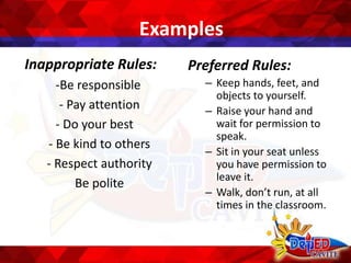 Examples
Inappropriate Rules:
-Be responsible
- Pay attention
- Do your best
- Be kind to others
- Respect authority
Be polite
Preferred Rules:
– Keep hands, feet, and
objects to yourself.
– Raise your hand and
wait for permission to
speak.
– Sit in your seat unless
you have permission to
leave it.
– Walk, don’t run, at all
times in the classroom.
 