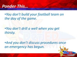 Ponder This…
•You don’t build your football team on
the day of the game.
•You don’t drill a well when you get
thirsty.
•And you don’t discuss procedures once
an emergency has begun.
 