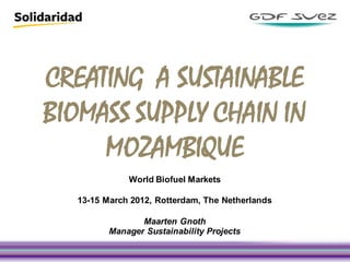 CREATING A SUSTAINABLE
BIOMASS SUPPLY CHAIN IN
     MOZAMBIQUE
              World Biofuel Markets

   13-15 March 2012, Rotterdam, The Netherlands

                 Maarten Gnoth
          Manager Sustainability Projects

                                                  GDF SUEZ Energie Nederland
 