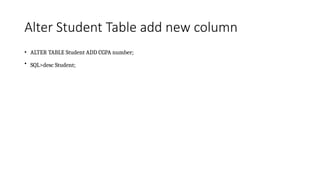 Alter Student Table add new column
• ALTER TABLE Student ADD CGPA number;
• SQL>desc Student;
 
