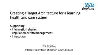 Creating a Target Architecture for a learning
health and care system
Supporting:
- Information sharing
- Population health management
- Innovation
Phil Stradling
Interoperability team of Domain D, NHS England
 