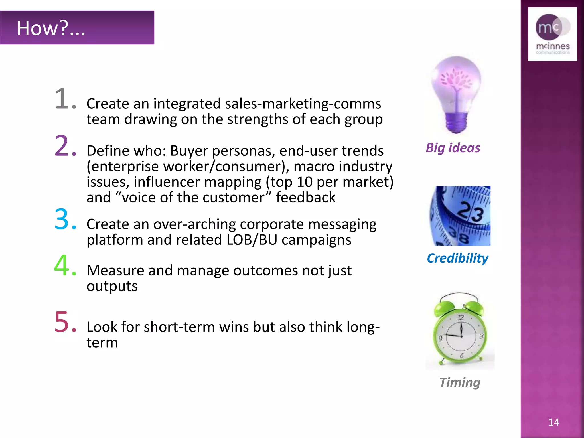 14
1. Create an integrated sales-marketing-comms
team drawing on the strengths of each group
2. Define who: Buyer personas, end-user trends
(enterprise worker/consumer), macro industry
issues, influencer mapping (top 10 per market)
and “voice of the customer” feedback
3. Create an over-arching corporate messaging
platform and related LOB/BU campaigns
4. Measure and manage outcomes, not just
outputs
5. Look for short-term wins, but also think long-
term
How?...
Big ideas
Credibility
Timing
 