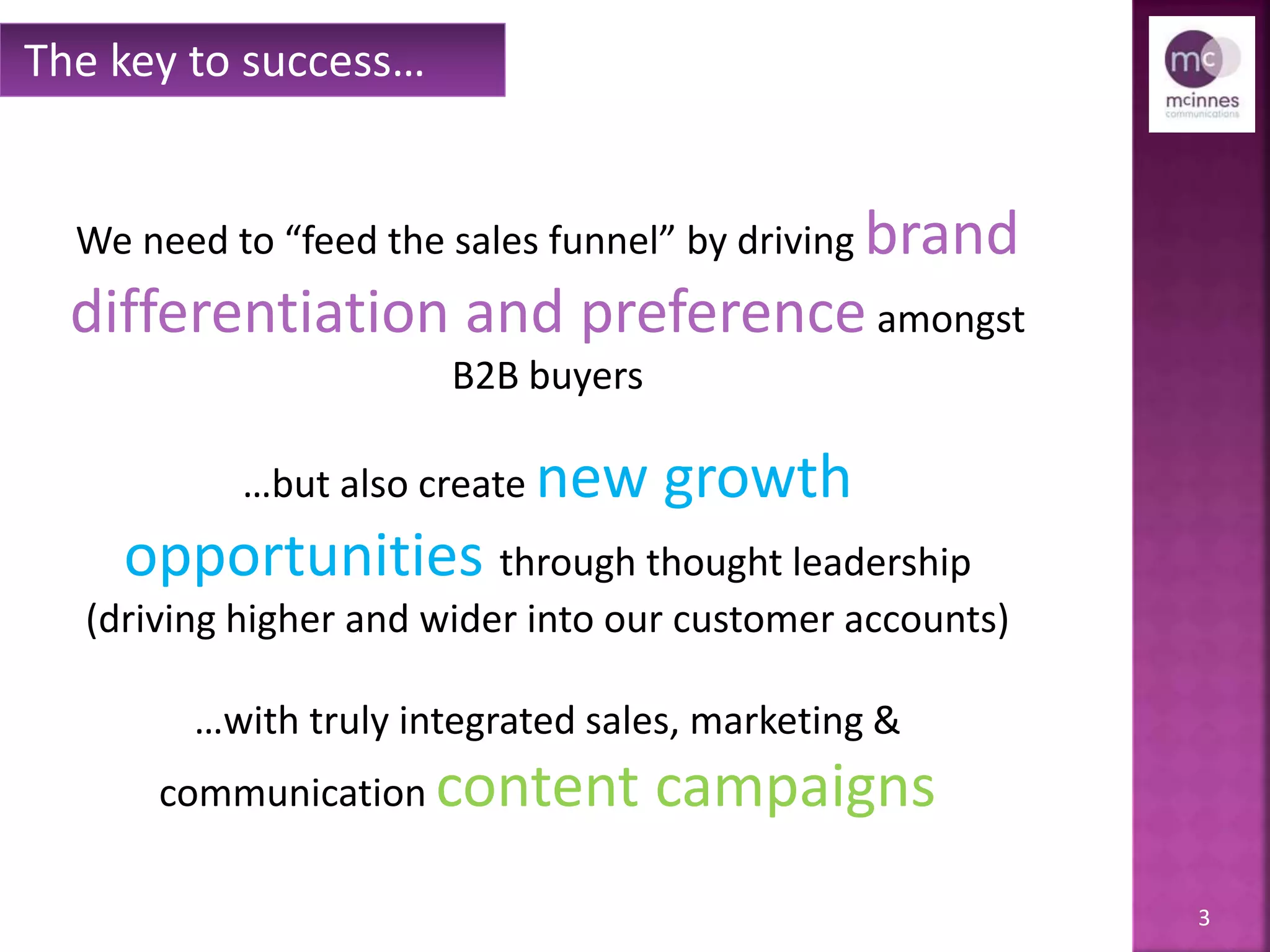 3
We need to “feed the sales funnel” by driving brand
differentiation and preference amongst
B2B buyers
…but also create new growth
opportunities through thought leadership
(driving higher and wider into our customer accounts)
…with truly integrated sales, marketing &
communication content campaigns
The key to success…
 