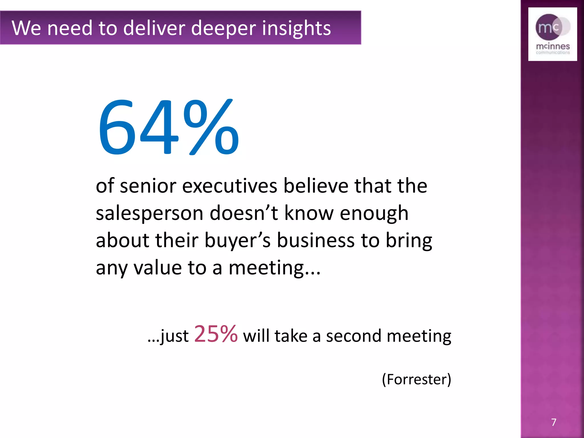 7
of senior executives believe that the
salesperson doesn’t know enough
about their buyer’s business to bring
any value to a meeting...
…just 25% will take a second meeting
(Forrester)
We need to deliver deeper insights
64%
 