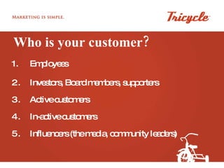 Who is your customer? Employees Investors, Board members, supporters Active customers In-active customers Influencers (the media, community leaders) 