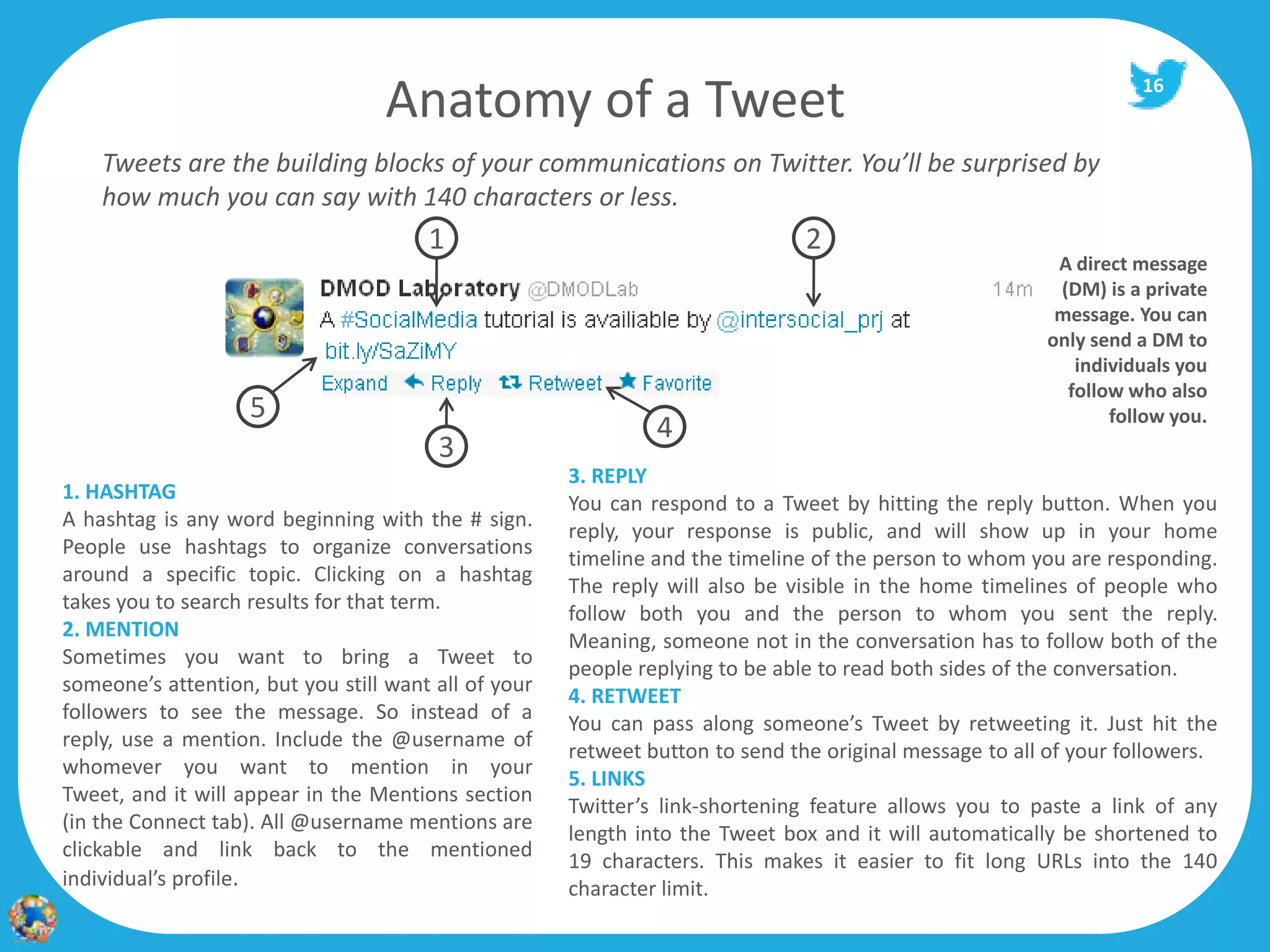 Anatomy of a Tweet                                                             16


    Tweets are the building blocks of your communications on Twitter. You’ll be surprised by
    how much you can say with 140 characters or less.
                                       1                                       2
                                                                                                         A direct message
                                                                                                         (DM) is a private
                                                                                                         message. You can
                                                                                                        only send a DM to
                                                                                                           individuals you
                                                                                                          follow who also
                    5                                                                                          follow you.
                                                               4
                                        3
                                                      3. REPLY
1. HASHTAG
                                                      You can respond to a Tweet by hitting the reply button. When you
A hashtag is any word beginning with the # sign.
                                                      reply, your response is public, and will show up in your home
People use hashtags to organize conversations
                                                      timeline and the timeline of the person to whom you are responding.
around a specific topic. Clicking on a hashtag
                                                      The reply will also be visible in the home timelines of people who
takes you to search results for that term.
                                                      follow both you and the person to whom you sent the reply.
2. MENTION
                                                      Meaning, someone not in the conversation has to follow both of the
Sometimes you want to bring a Tweet to
                                                      people replying to be able to read both sides of the conversation.
someone’s attention, but you still want all of your
                                                      4. RETWEET
followers to see the message. So instead of a
                                                      You can pass along someone’s Tweet by retweeting it. Just hit the
reply, use a mention. Include the @username of
                                                      retweet button to send the original message to all of your followers.
whomever you want to mention in your
                                                      5. LINKS
Tweet, and it will appear in the Mentions section
                                                      Twitter’s link-shortening feature allows you to paste a link of any
(in the Connect tab). All @username mentions are
                                                      length into the Tweet box and it will automatically be shortened to
clickable and link back to the mentioned
                                                      19 characters. This makes it easier to fit long URLs into the 140
individual’s profile.                                 character limit.
 